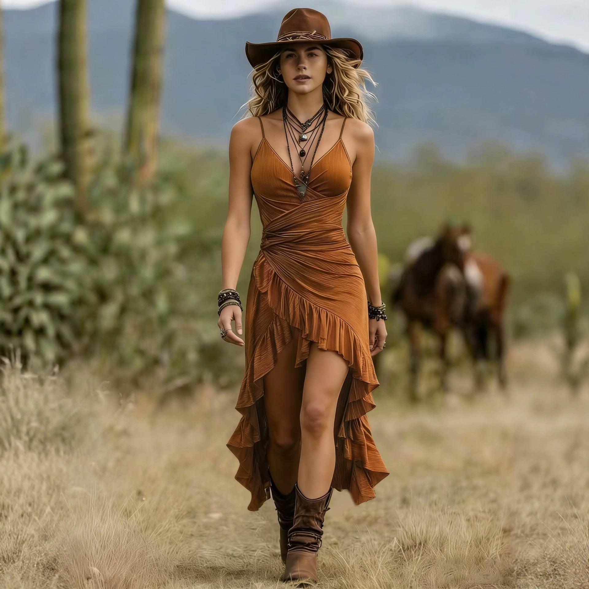 Robe bohème marron à volants, manches courtes, taille élastiquée, style féminin élégant en extérieur