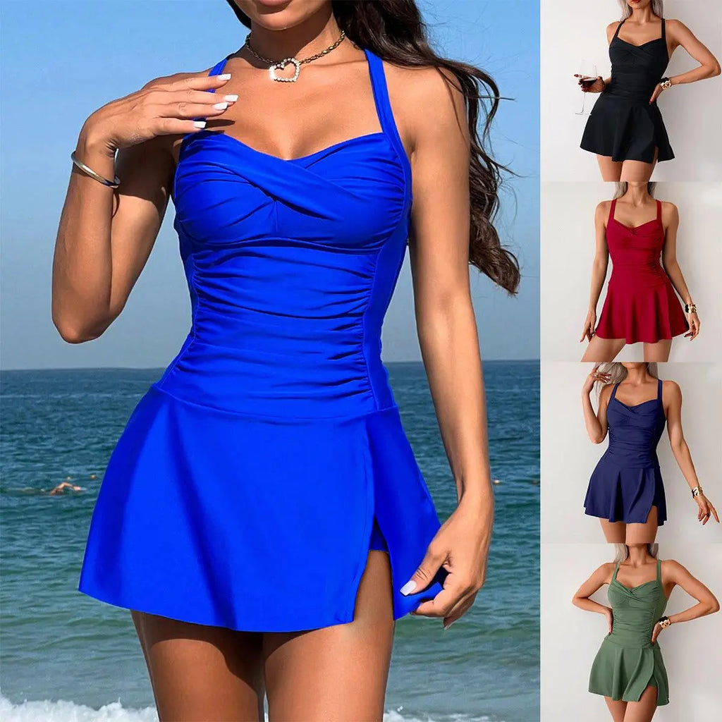 Robe féminine bleue à drapé, idéale plage ou soirée, disponible en plusieurs couleurs