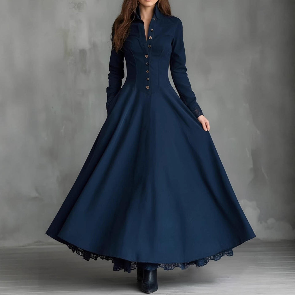 Robe longue bleu marine à boutons et dentelle, style féminin élégant