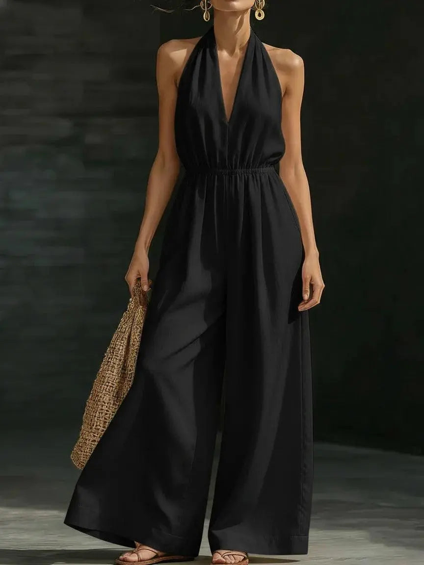 Combinaison noire femme col halter large, style bohème chic, idéale pour été et occasions élégantes