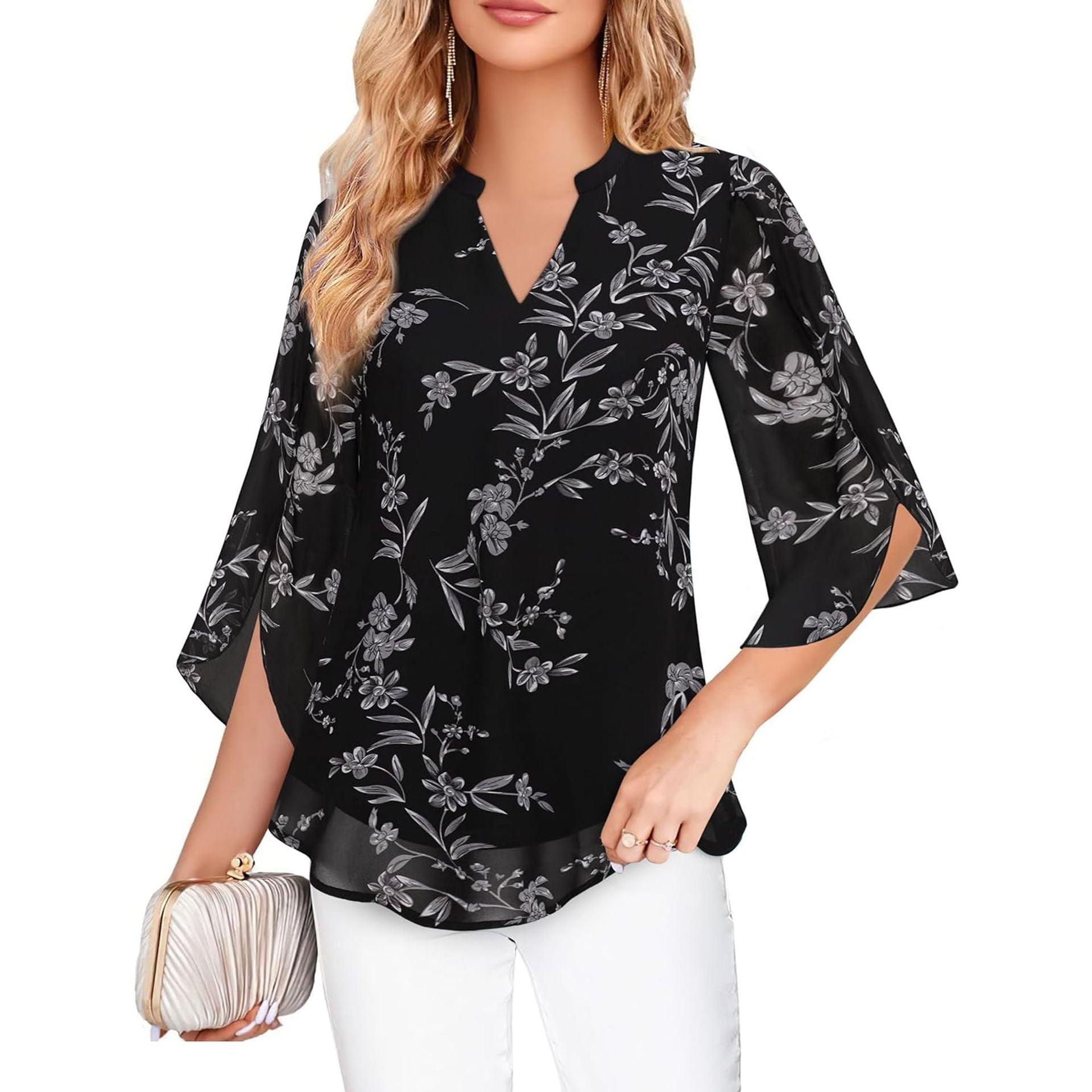 Blouse noire à imprimé floral et manches évasées pour femme, style élégant et féminin