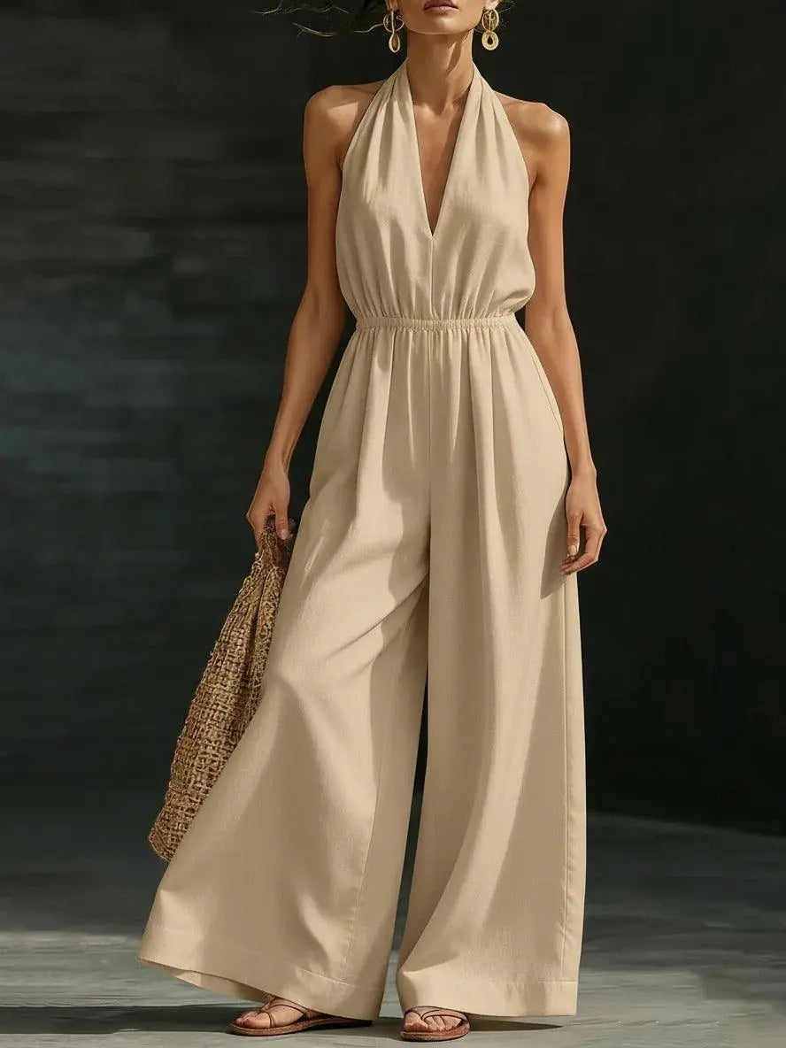 Combinaison féminine beige à col halter et larges jambes, style bohème chic pour été