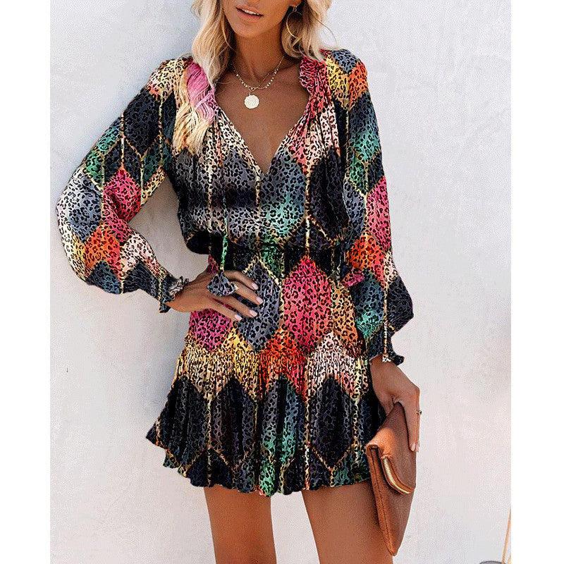 Robe bohème imprimée léopard multicolore à manches longues et col en V pour femme