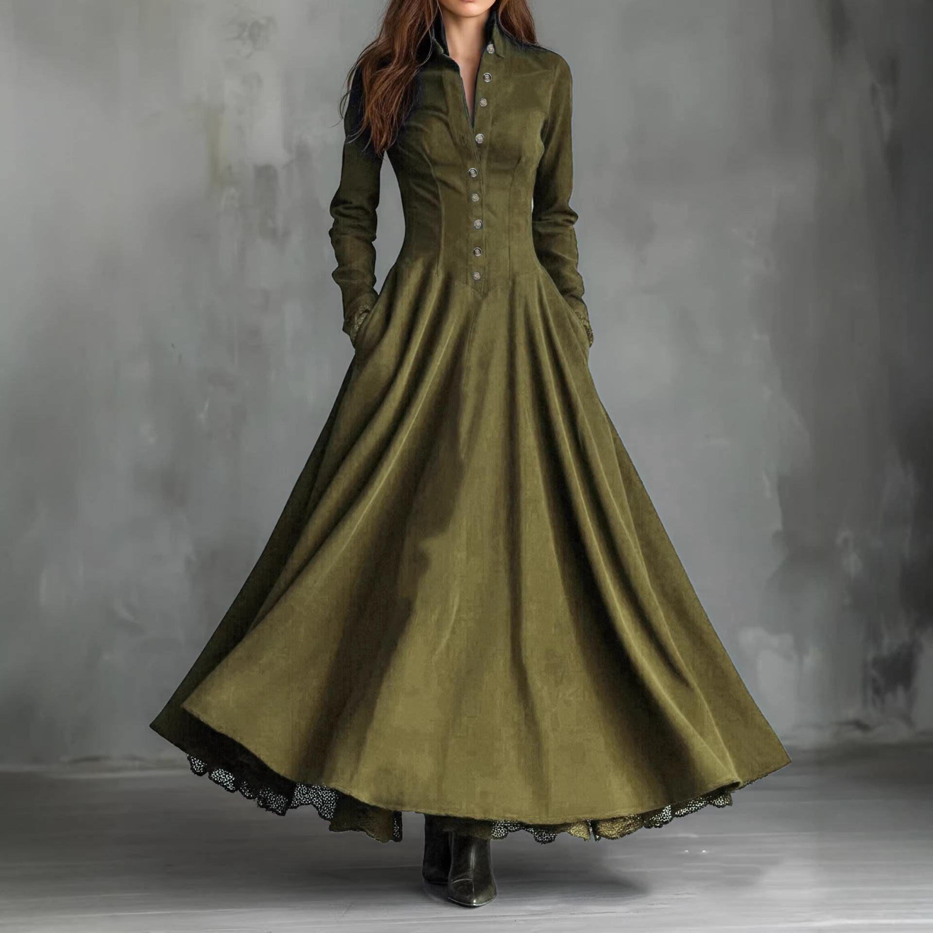 Robe longue verte en velours à boutons, style bohème élégant pour femme