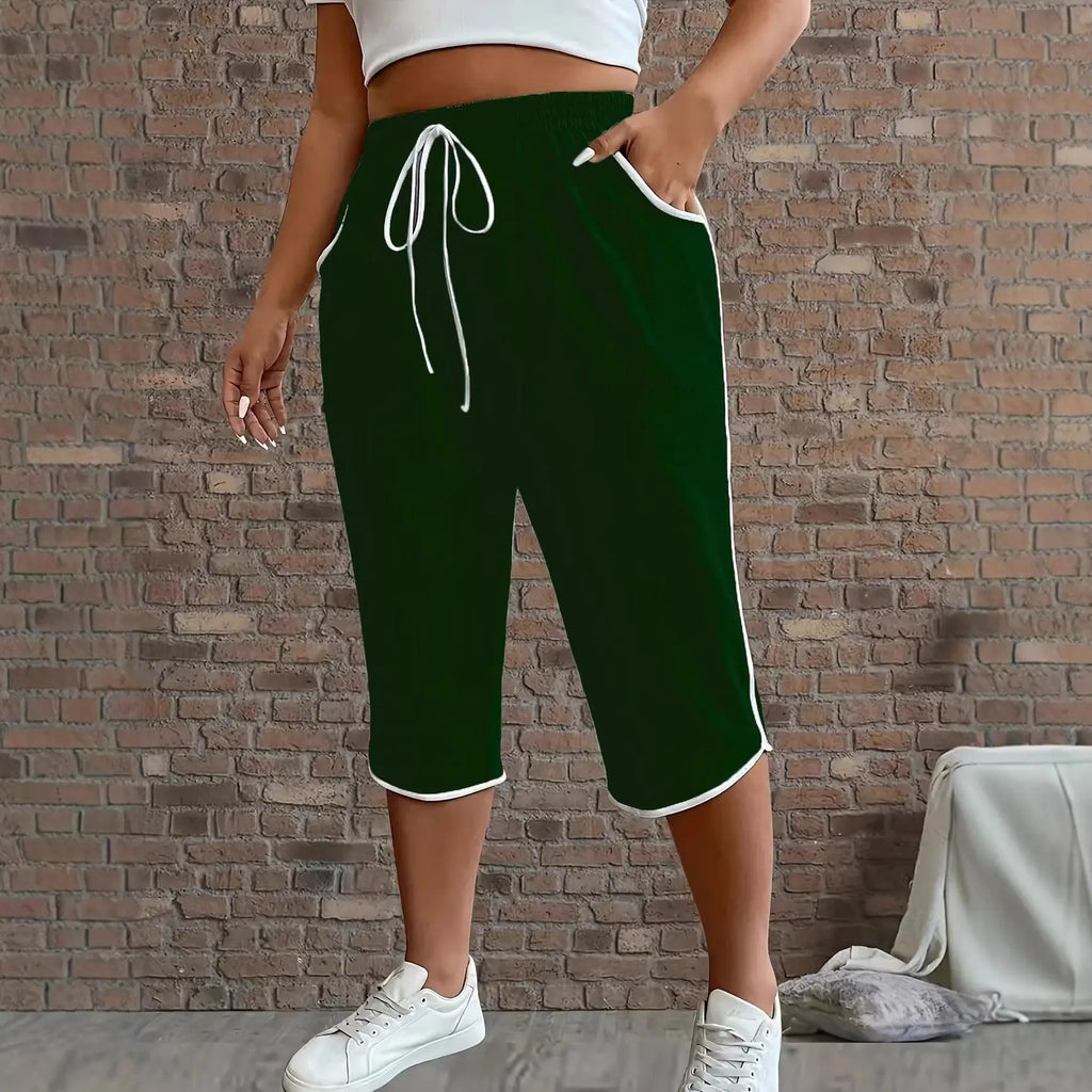 Pantalon capri vert foncé à cordon blanc, mode féminine décontractée