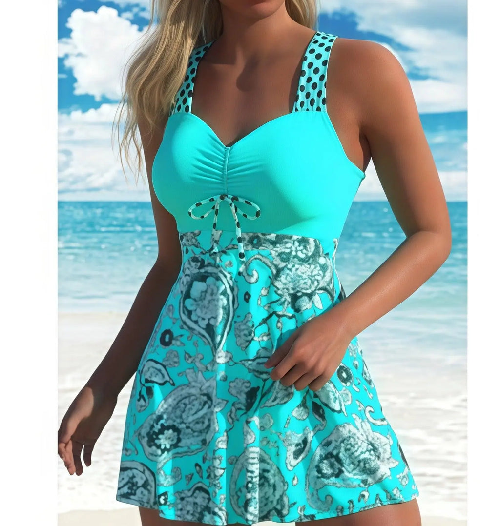 Robe d'été turquoise à imprimé floral et pois, idéale pour la plage, mode féminine