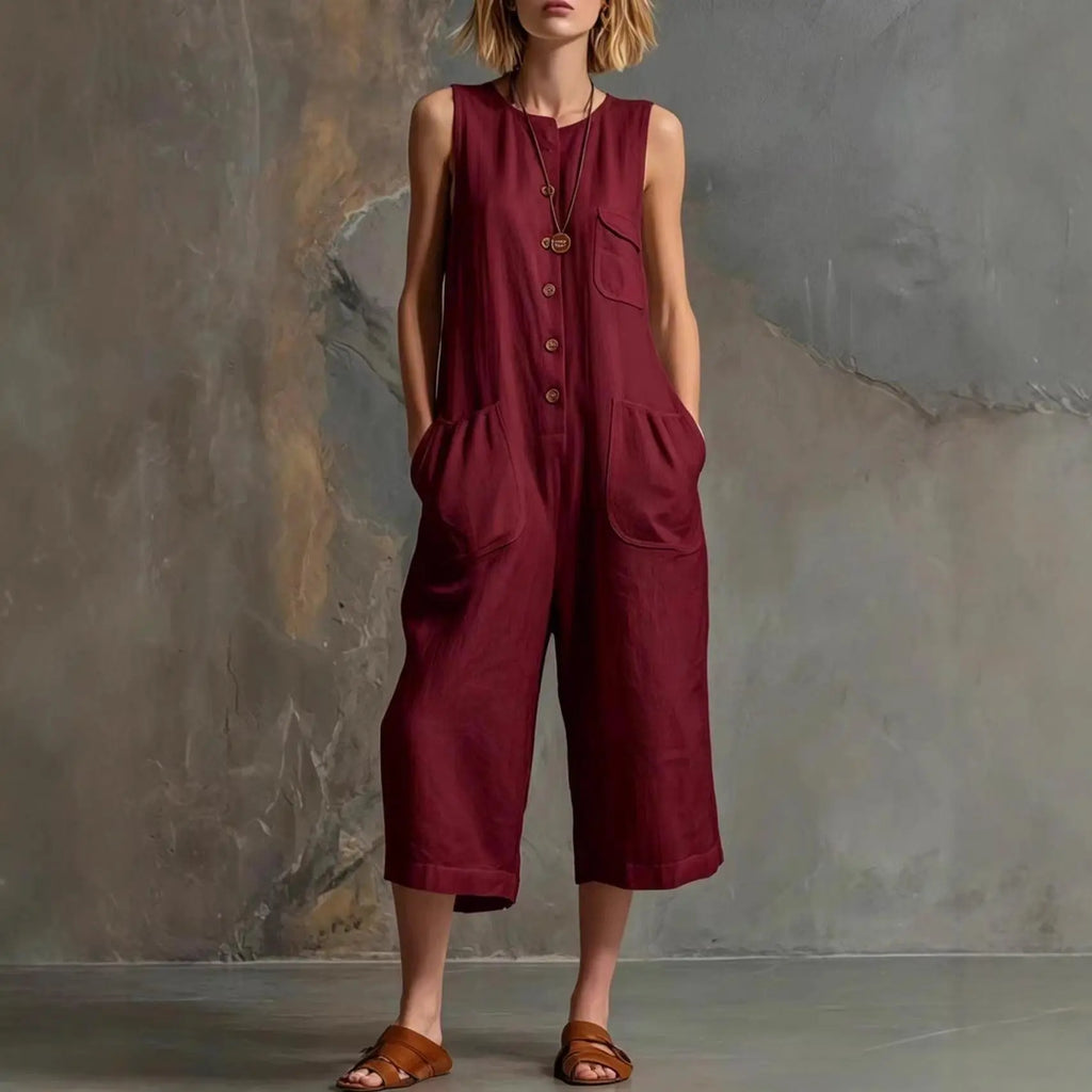 Combinaison femme bordeaux sans manches, boutonnée, poches, style bohème chic