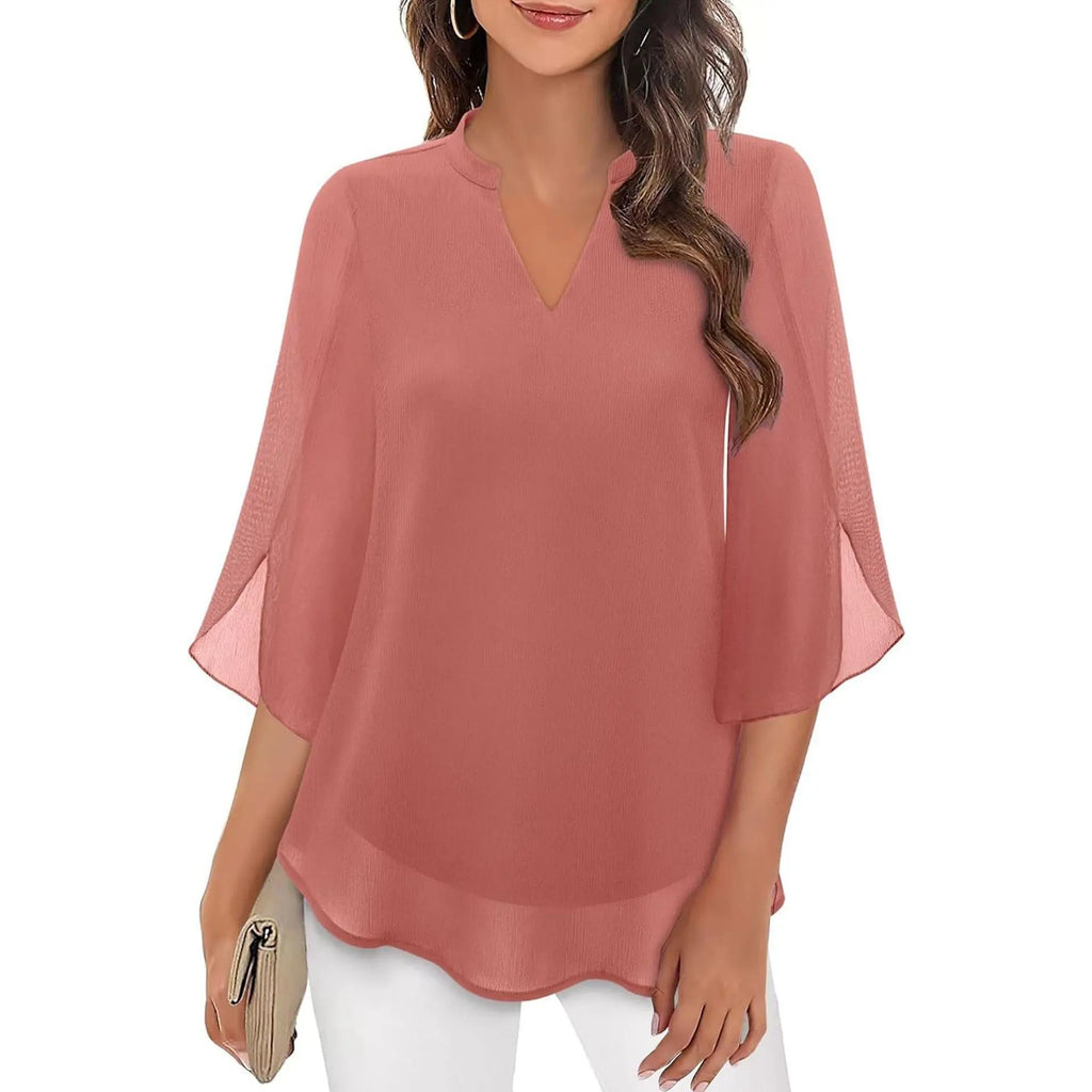 Top féminin rose poudré à manches volantes et col en V, style bohème élégant pour toutes les occasions