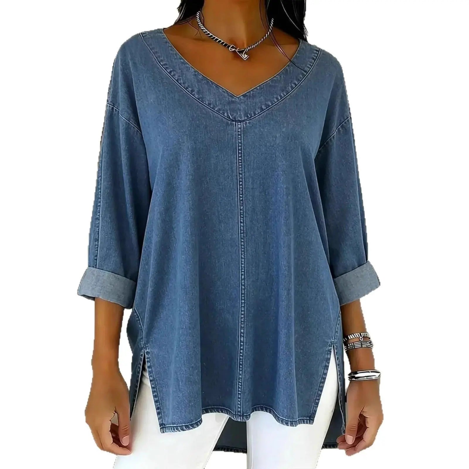 Tunique en jean bleu femme, col V, manches 3/4, style bohème et décontracté