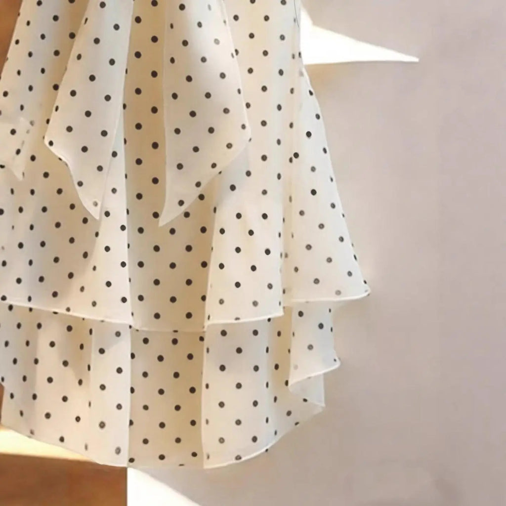 Robe bohème blanche à pois noirs, manches courtes, taille élastiquée, style féminin élégant