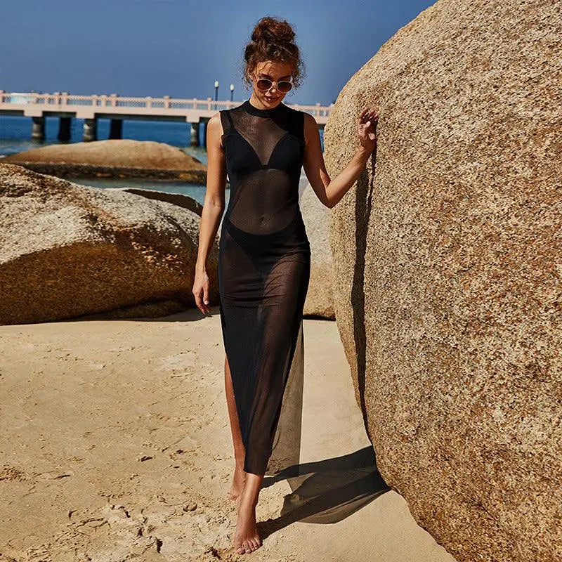 Robe longue noire transparente pour plage, style bohème féminin, idéale pour vacances et occasions estivales