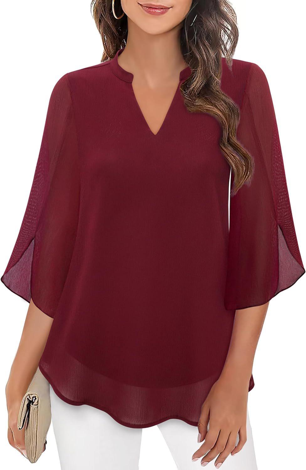 Blouse féminine bordeaux à manches volantées et col en V, style bohème élégant