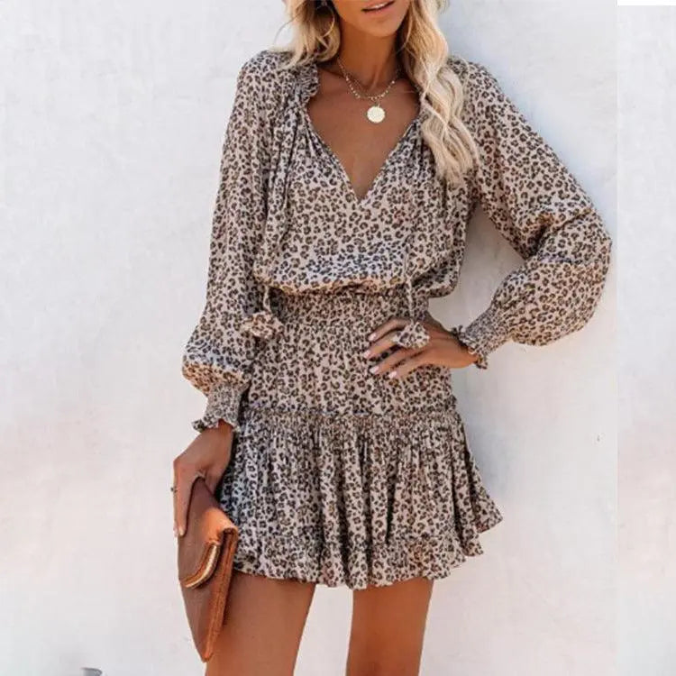 Robe courte imprimée léopard, manches bouffantes, col en V, style bohème féminin