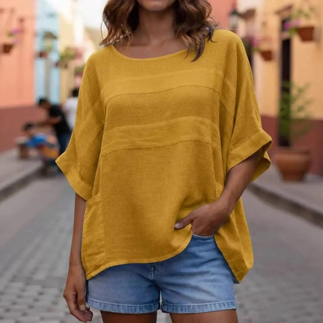 T-shirt femme jaune moutarde ample, manches courtes, style bohème, idéal pour été, avec shorts en jean