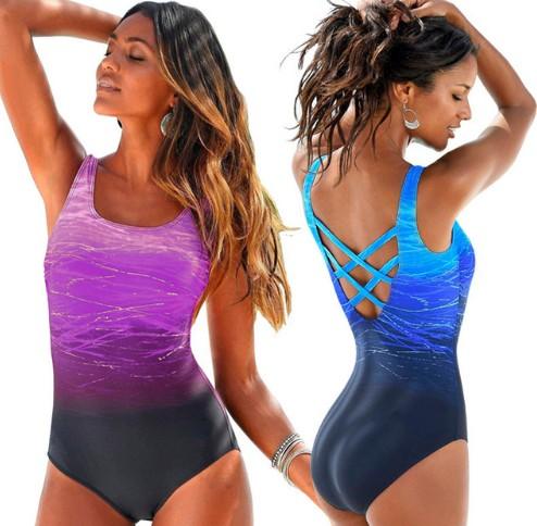 Maillot de bain une pièce femme à dos croisé, violet et bleu, style bohème élégant