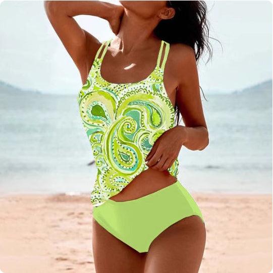 Maillot de bain deux pièces vert citron imprimé bohème, idéal pour la plage et les vacances d'été