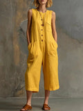 Salopette jaune bohème sans manches, coupe large, poches avant, style féminin et décontracté