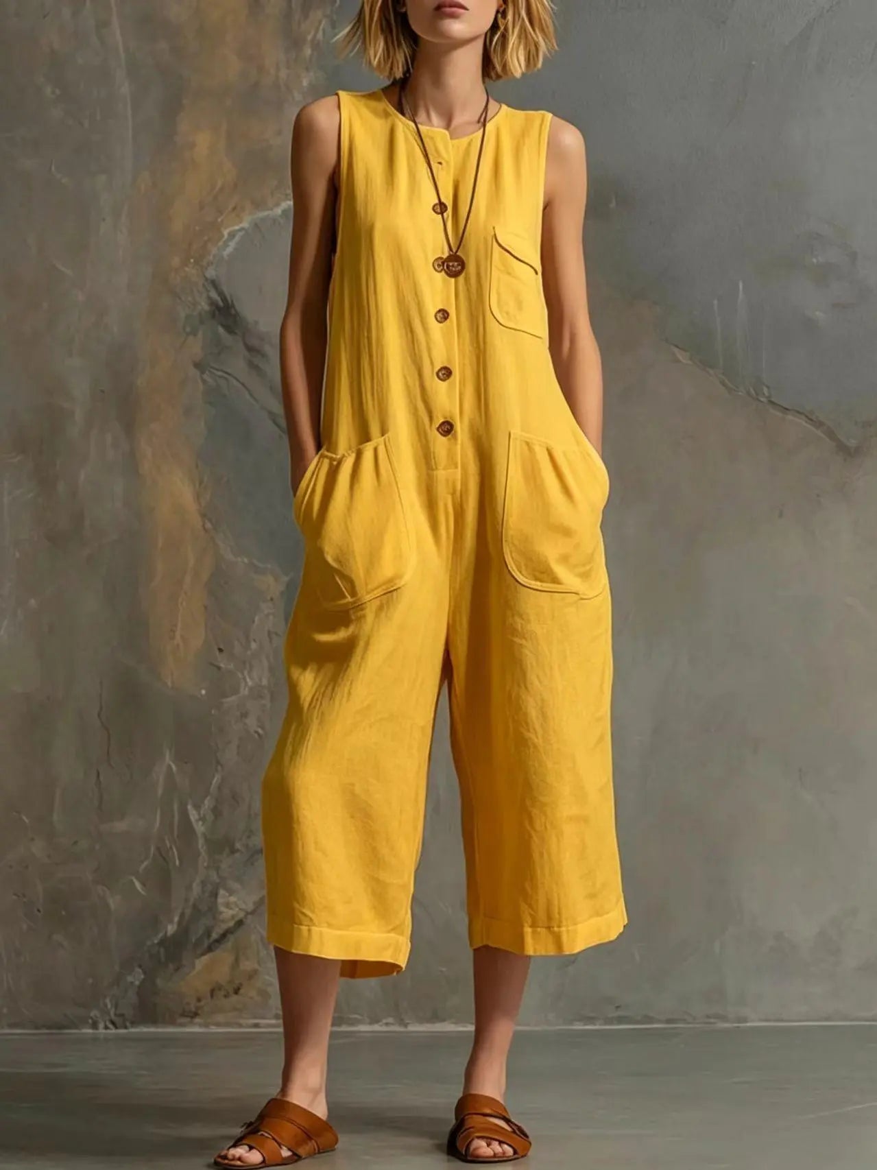 Salopette jaune bohème sans manches, coupe large, poches avant, style féminin et décontracté