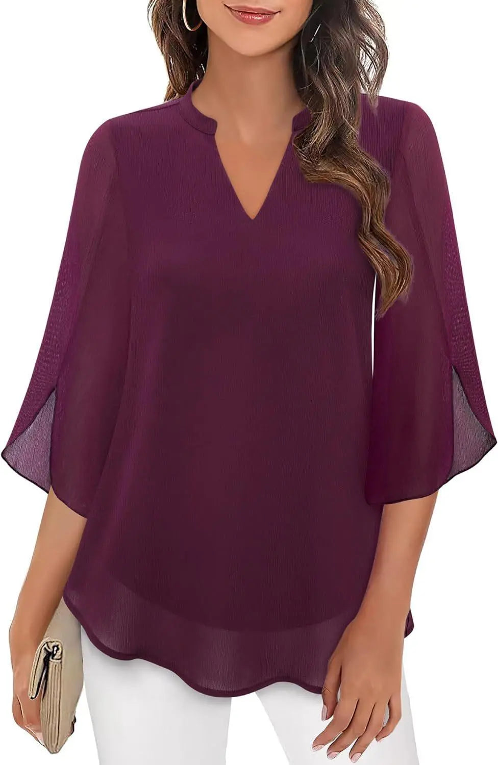 Top féminin violet à manches volantées et col en V, style bohème élégant pour toutes les occasions