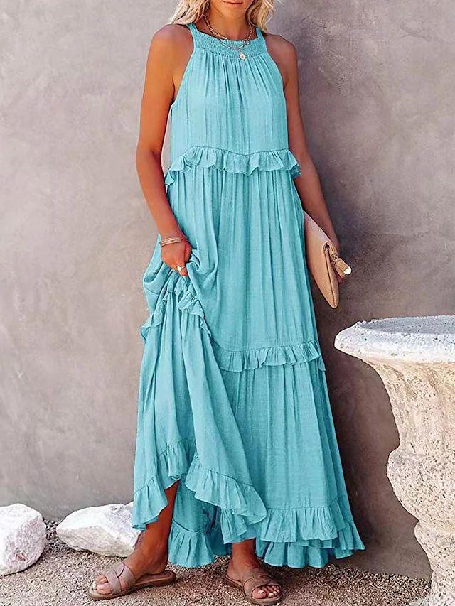 Robe bohème turquoise à volants, idéale pour l'été, style féminin et élégant