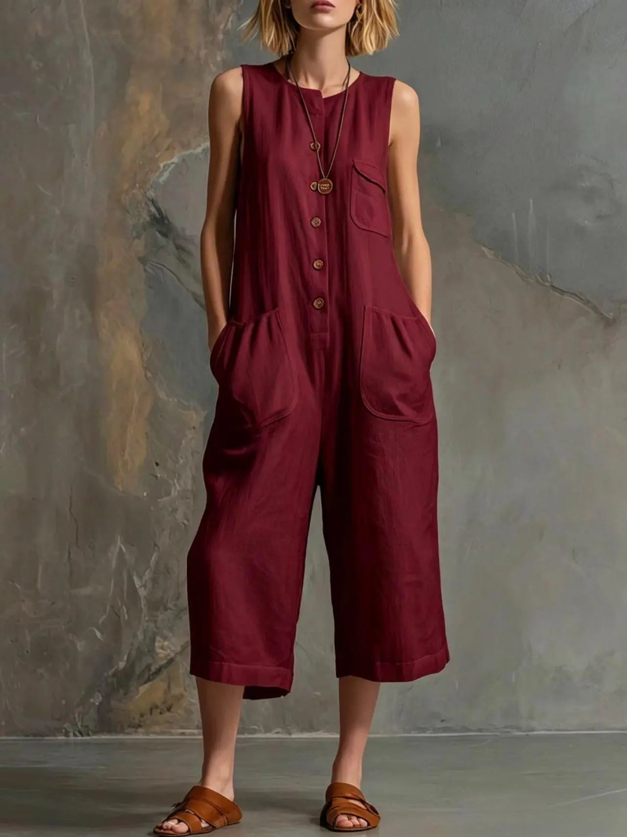 Salopette bordeaux femme sans manches, boutonnée, avec poches, style bohème et élégant