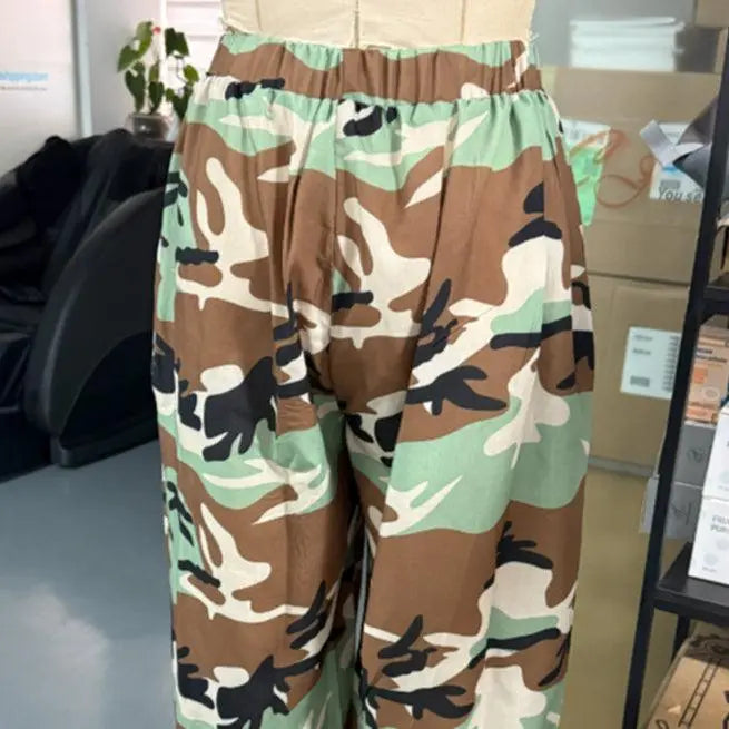 Pantalon camouflage vert marron, taille élastiquée, style bohème féminin