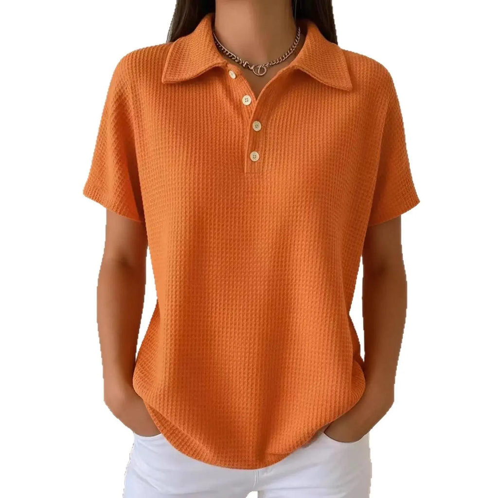 Top féminin orange à col boutonné, manches courtes, texture côtelée, style décontracté pour été