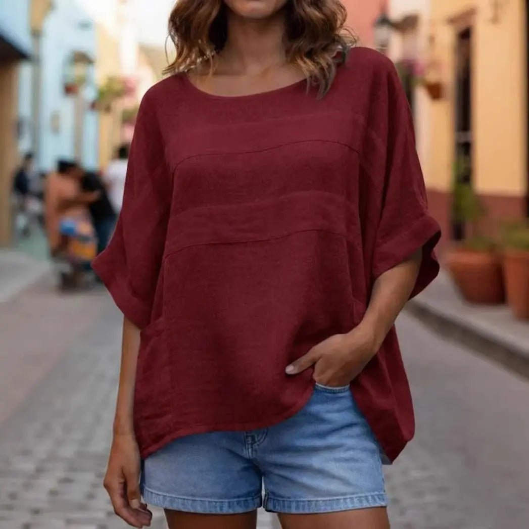 Top féminin bordeaux ample avec poches, idéal pour look bohème et décontracté
