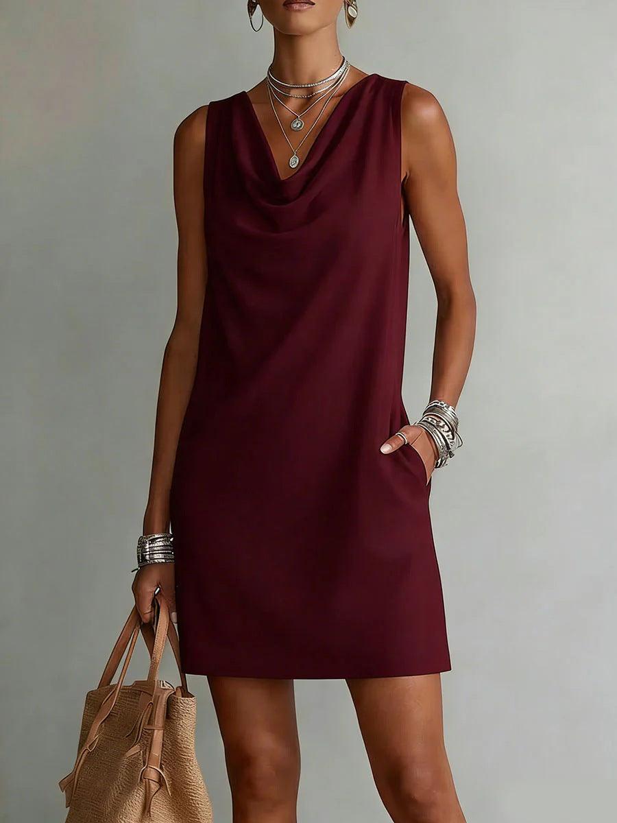 Robe féminine bordeaux sans manches, col drapé, idéale pour toutes les occasions