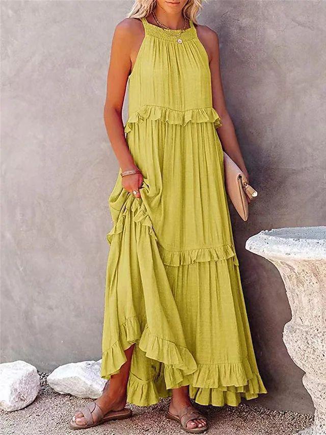 Robe bohème verte à volants, idéale pour l'été, mode féminine élégante et décontractée