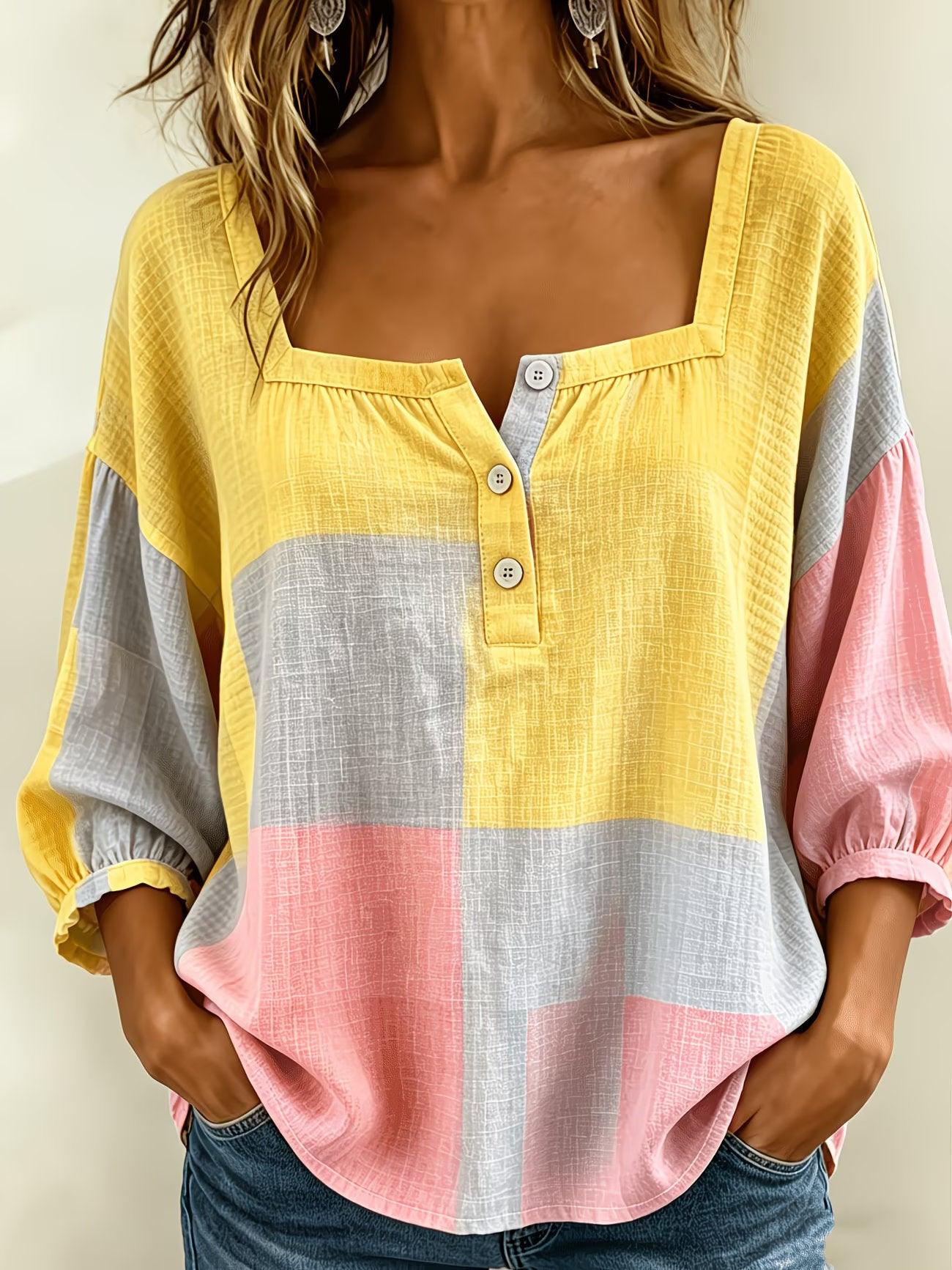 Top féminin color block jaune gris rose, manches bouffantes, col boutonné, style bohème élégant