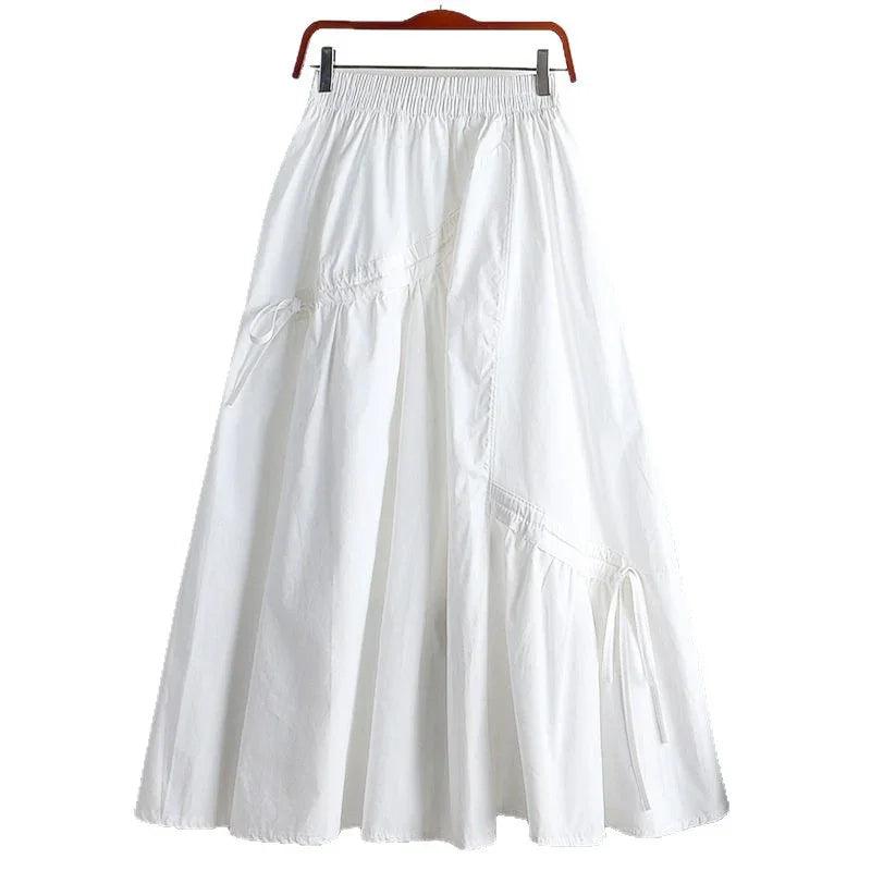 Jupe longue blanche à taille élastiquée et poches, style féminin élégant