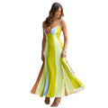 Robe longue bohème à rayures vertes et bleues, manches courtes, style féminin élégant