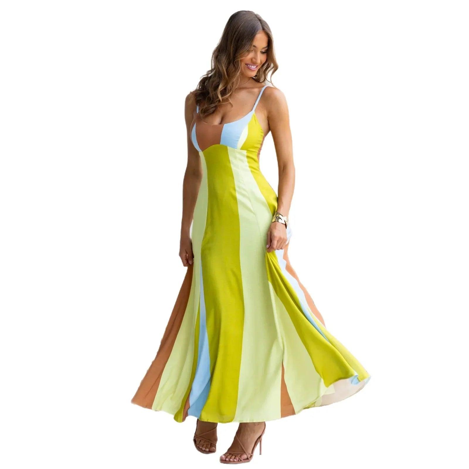 Robe longue bohème à rayures vertes et bleues, manches courtes, style féminin élégant