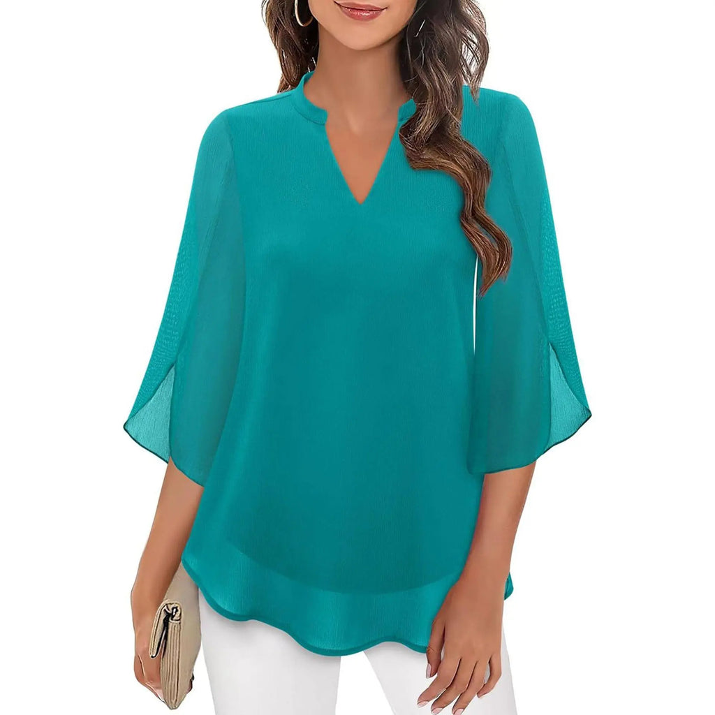 Top féminin turquoise à manches volantes et col en V, mode élégante pour toutes occasions