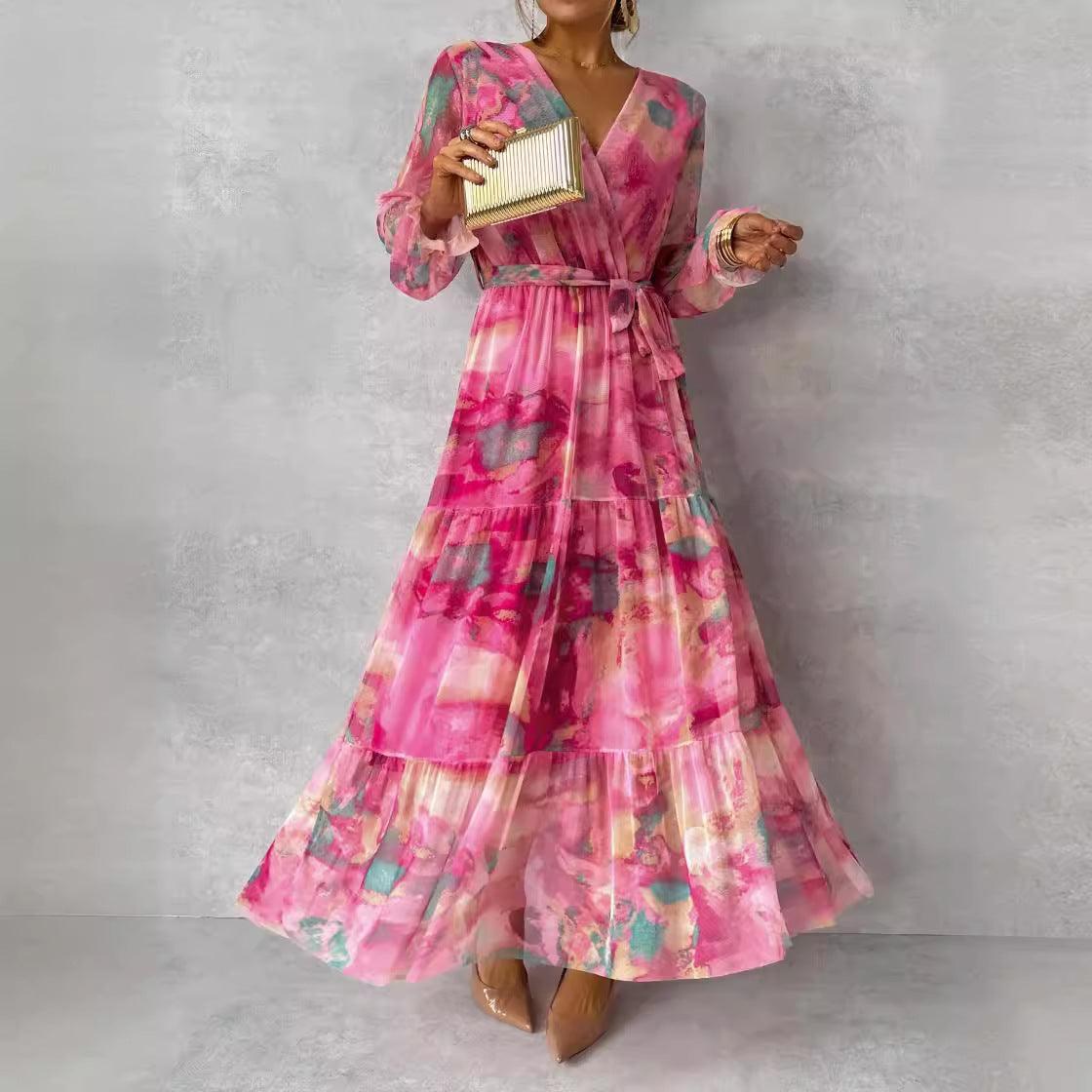 Robe longue imprimée rose bohème avec ceinture, idéale pour les occasions féminines