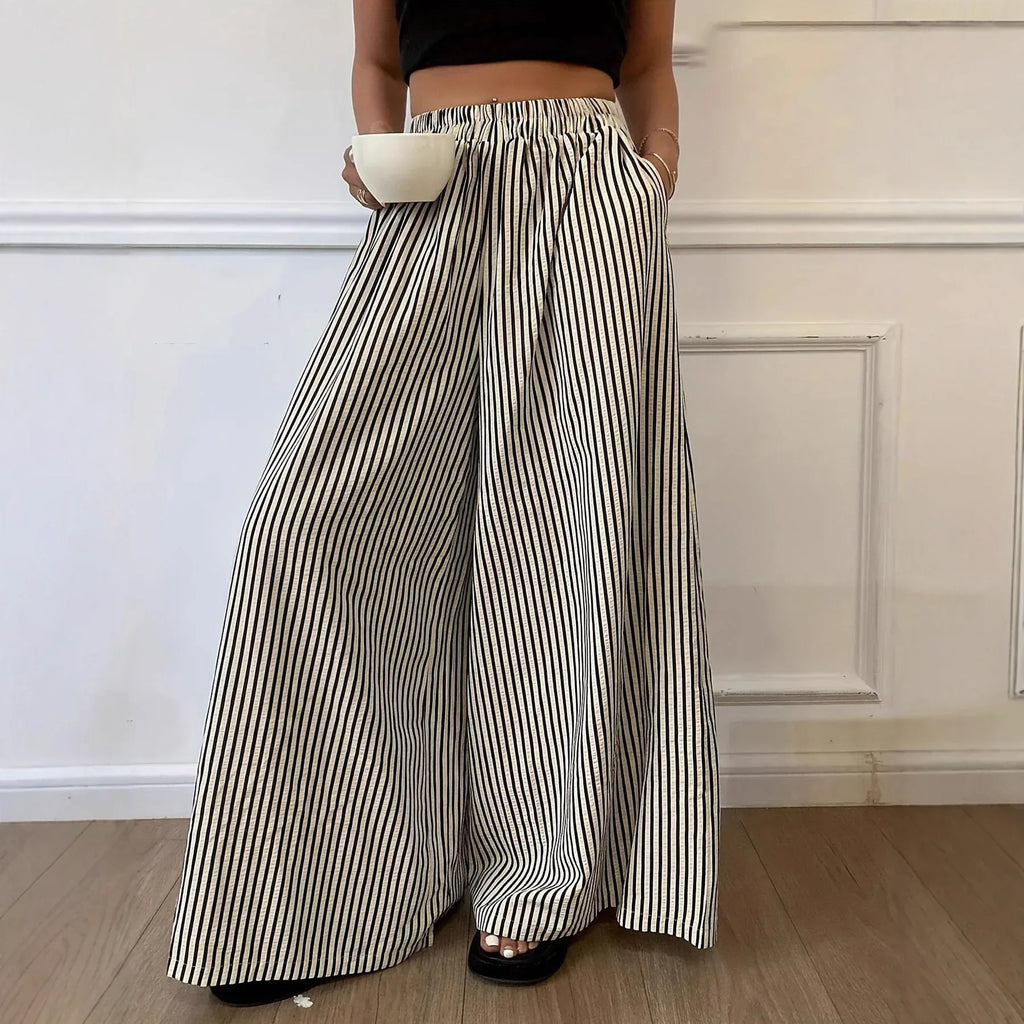 Pantalon large rayé noir et blanc, taille élastiquée, style féminin élégant