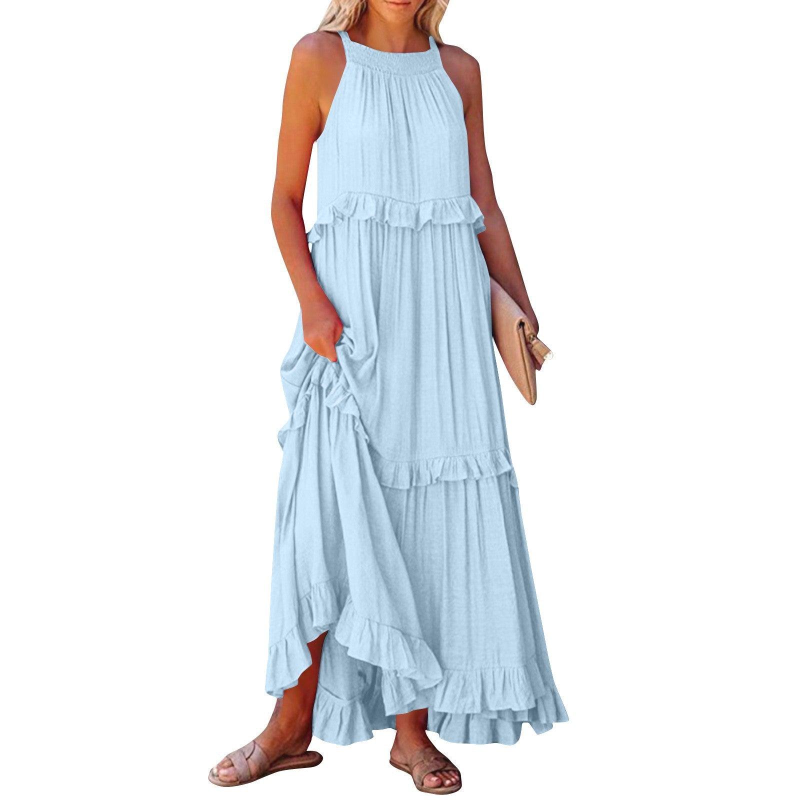 Robe longue bleu clair à volants, style bohème féminin, idéale pour été et vacances