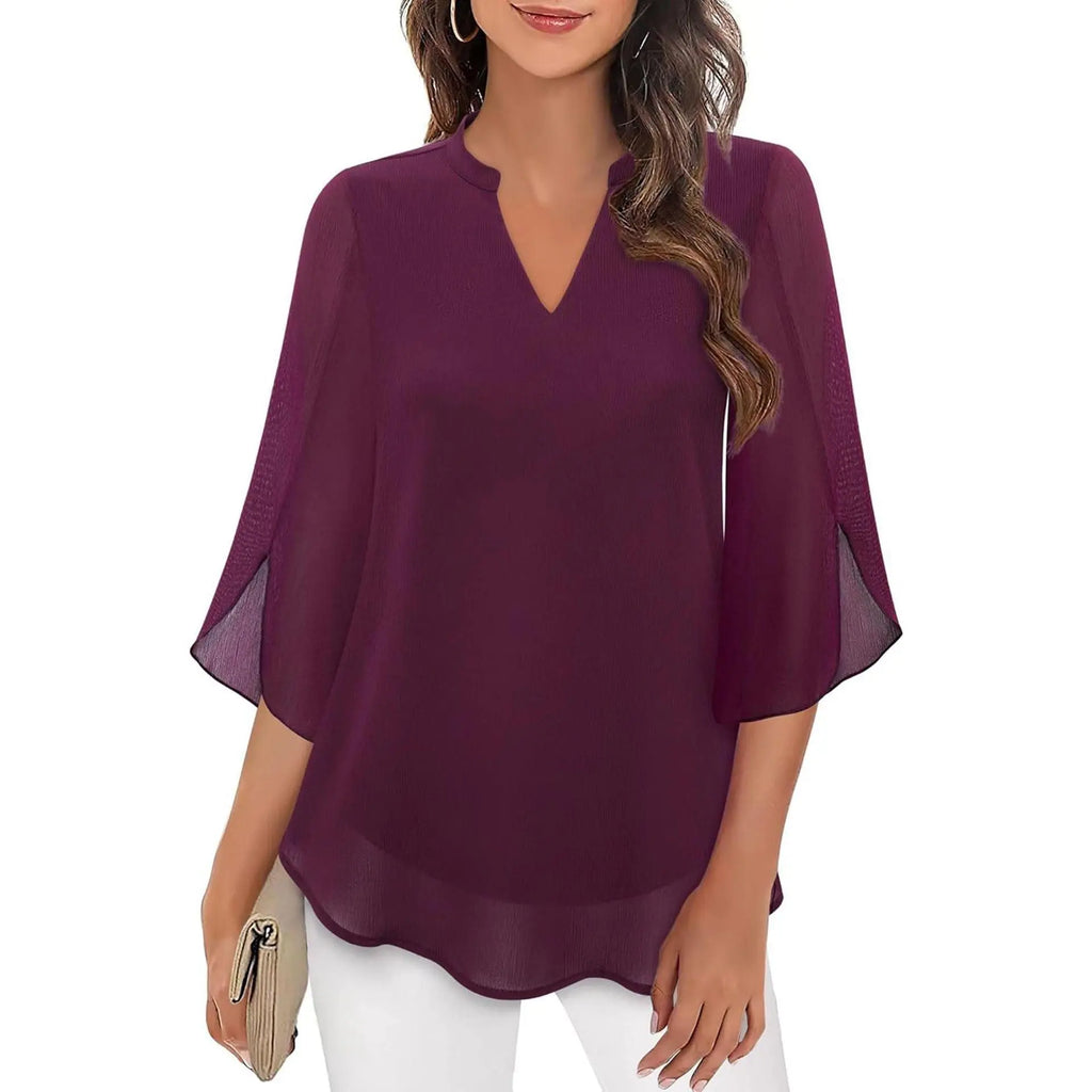 Blouse femme violette à manches volantes, col en V, style bohème élégant pour toutes les occasions