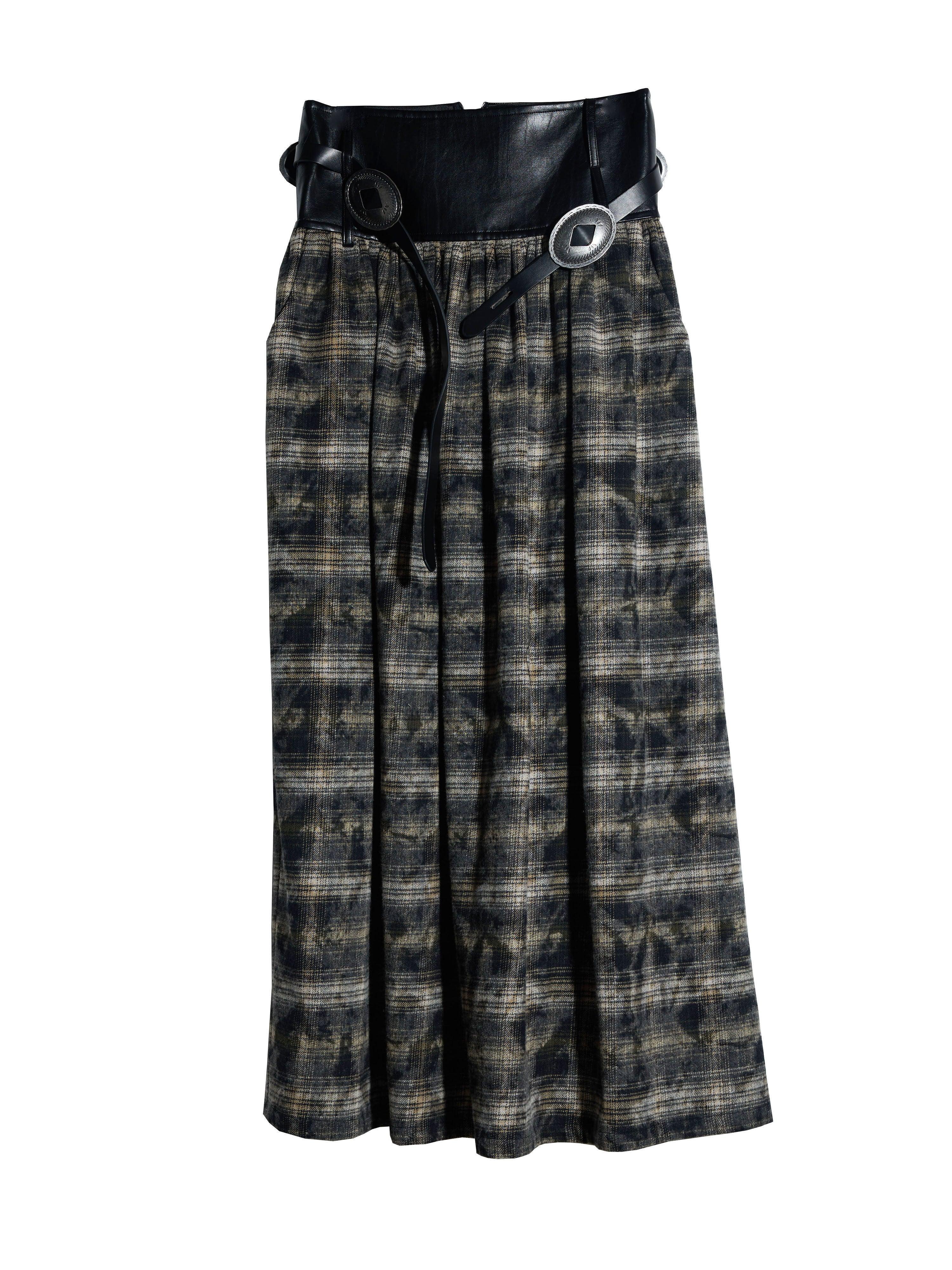 Jupe plissée à carreaux avec ceinture en simili-cuir et boucles décoratives, style féminin élégant