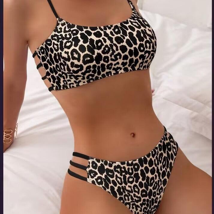 Maillot de bain deux pièces imprimé léopard pour femme, style bohème chic