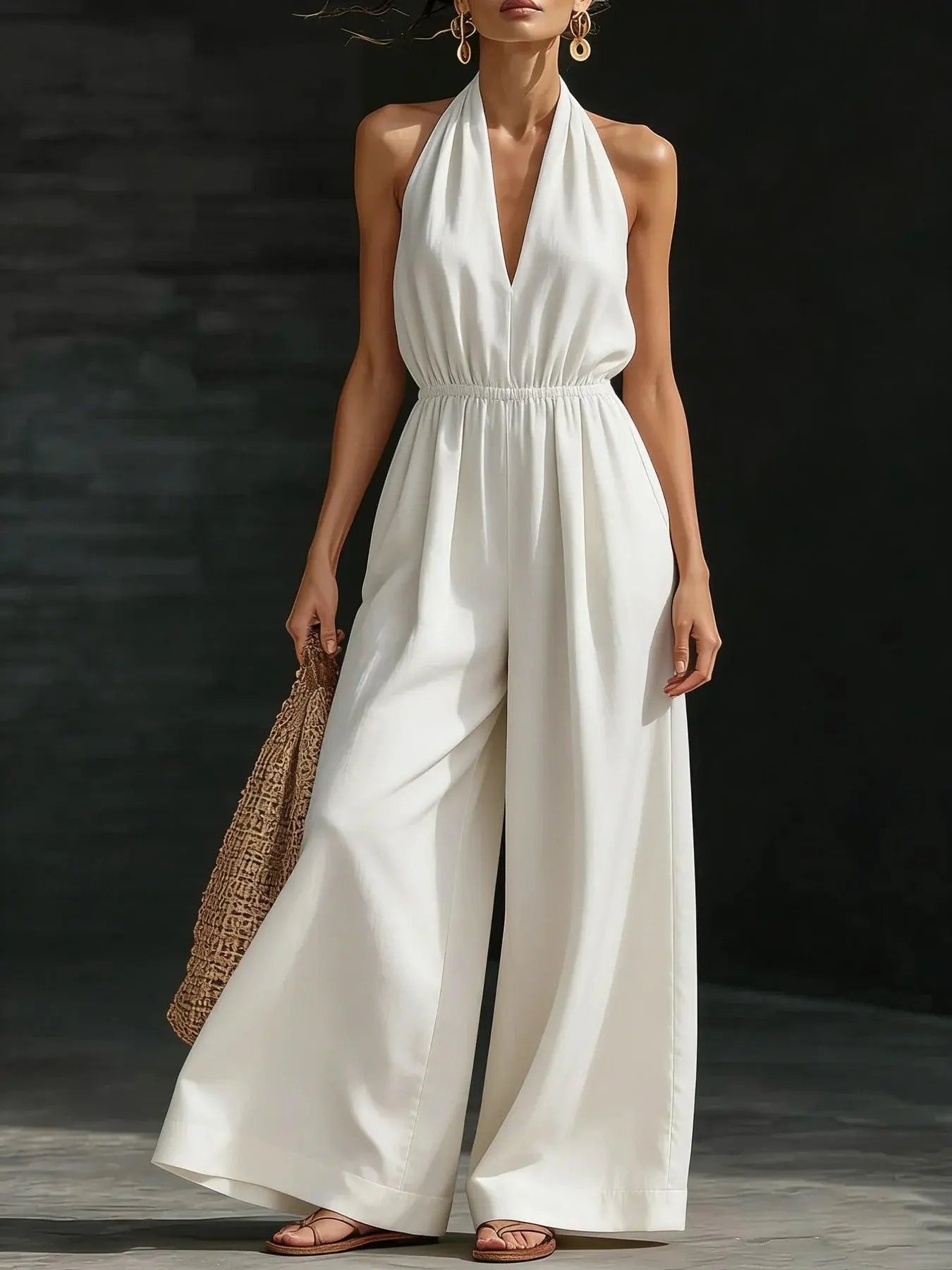 Combinaison blanche femme col halter et larges jambes, style élégant et bohème pour été