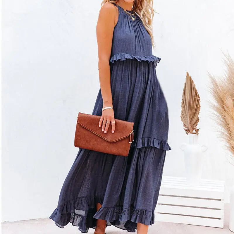 Robe bohème bleu marine à volants, idéale pour une mode féminine élégante et décontractée
