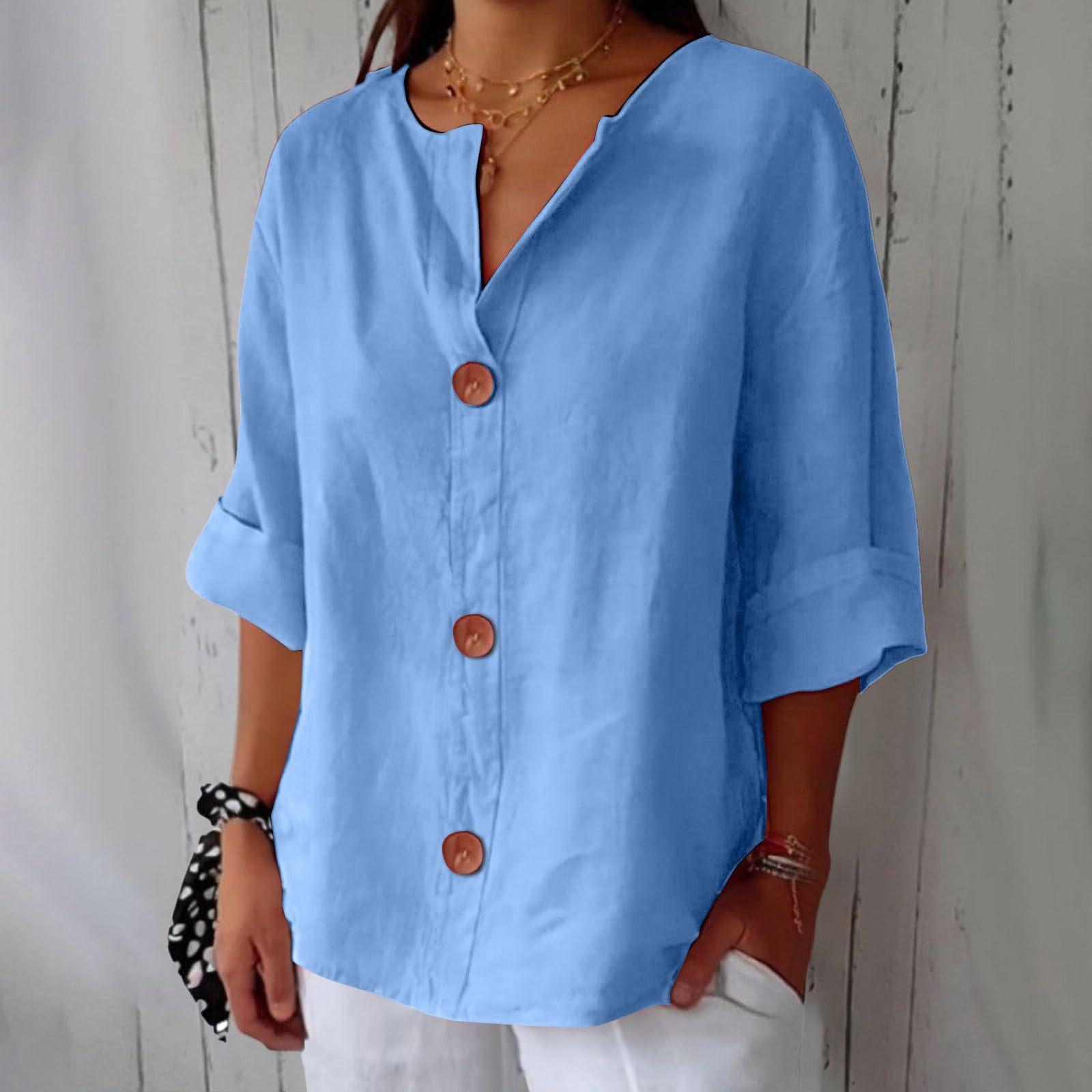 Blouse bleue femme à boutons, manches 3/4, col V, style bohème chic