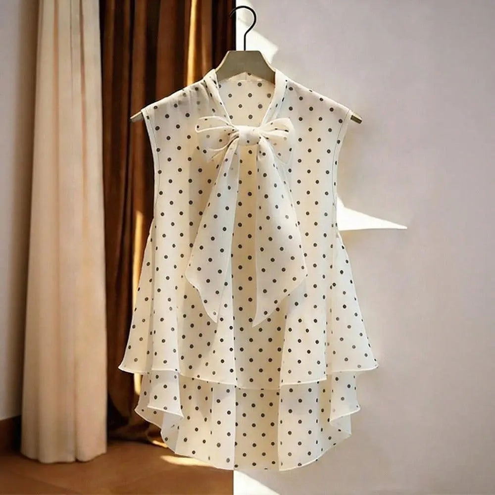 Top féminin blanc à pois noirs, col nœud, manches courtes, style élégant et fluide