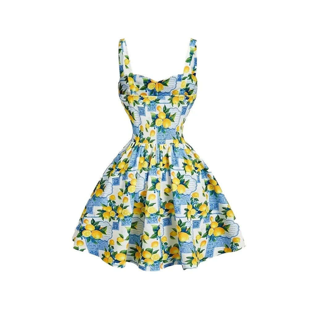 Robe bohème imprimée citrons et motifs bleus, manches courtes, taille élastiquée, style féminin élégant