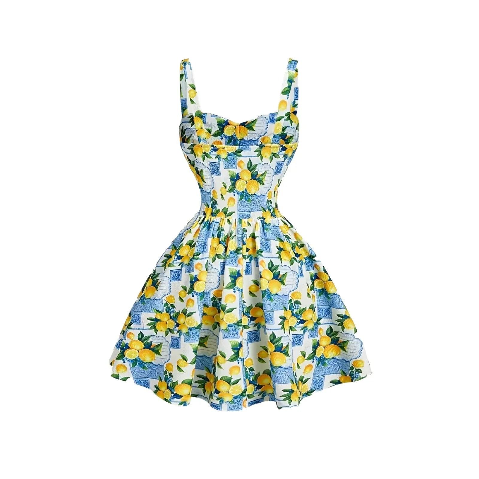 Robe bohème imprimée citrons et motifs bleus, manches courtes, taille élastiquée, style féminin élégant