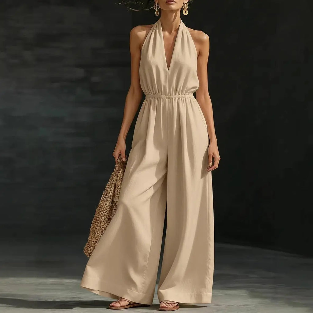 Combinaison féminine beige à col halter et jambes larges, style bohème élégant