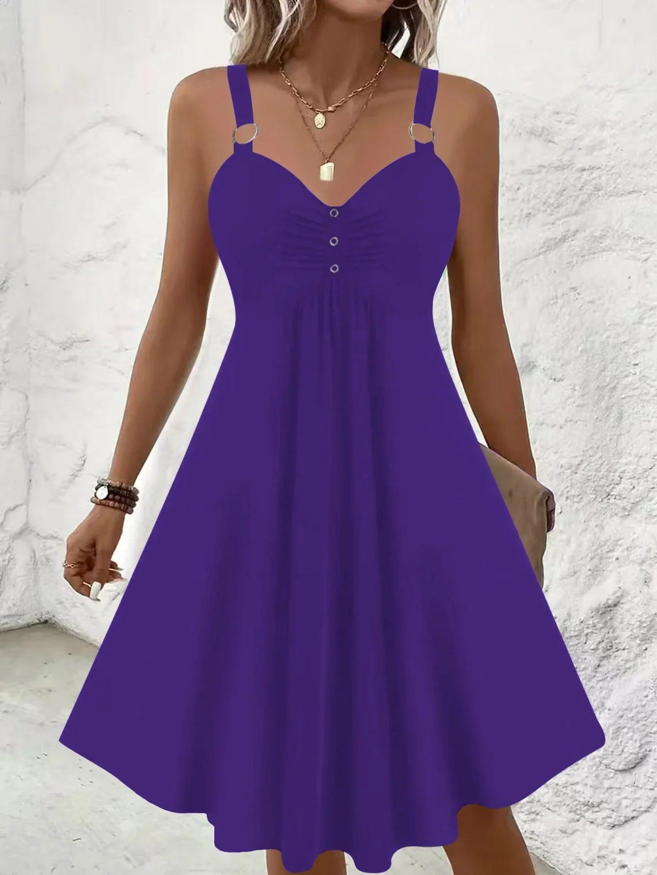 Robe bohème violette à bretelles, décolleté boutonné, style féminin élégant pour été