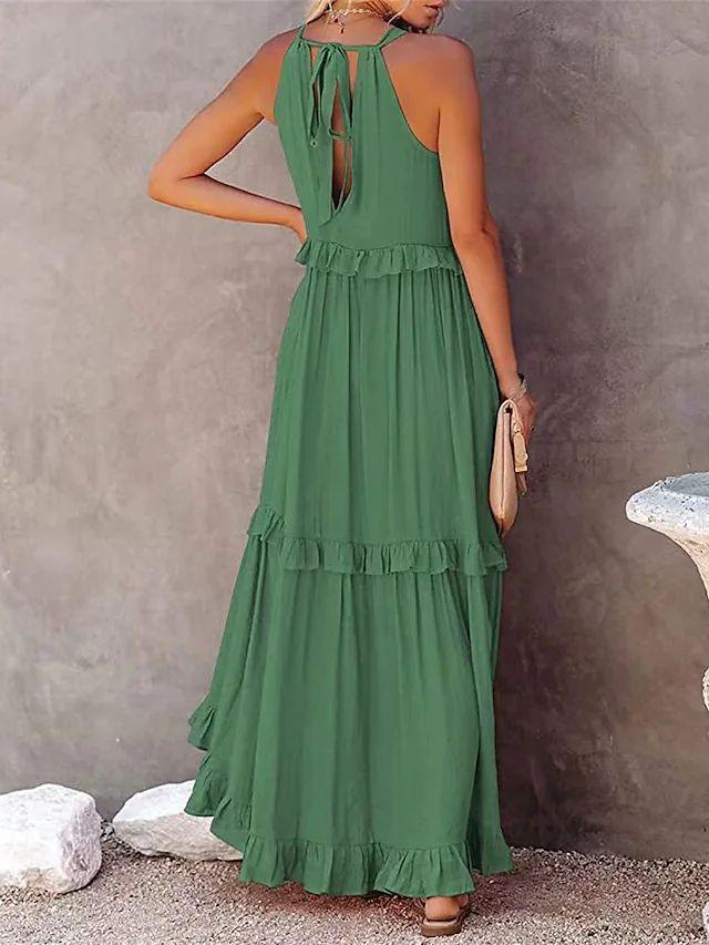 Robe longue verte bohème à volants et dos nu, idéale pour l'été et les occasions féminines